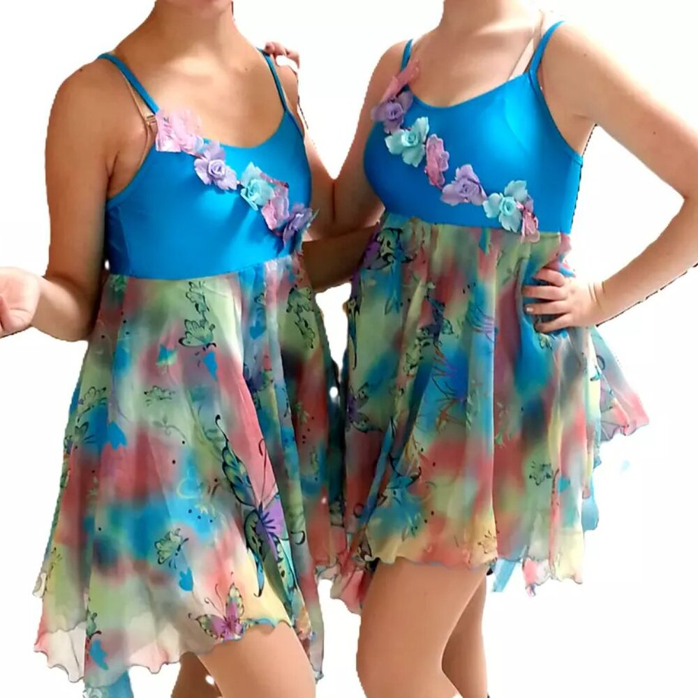 BALLET LYRIC DRESS DANCE COSTUME XLC BLUE AND FLORAL by REVOLUTION DANCEWEAR